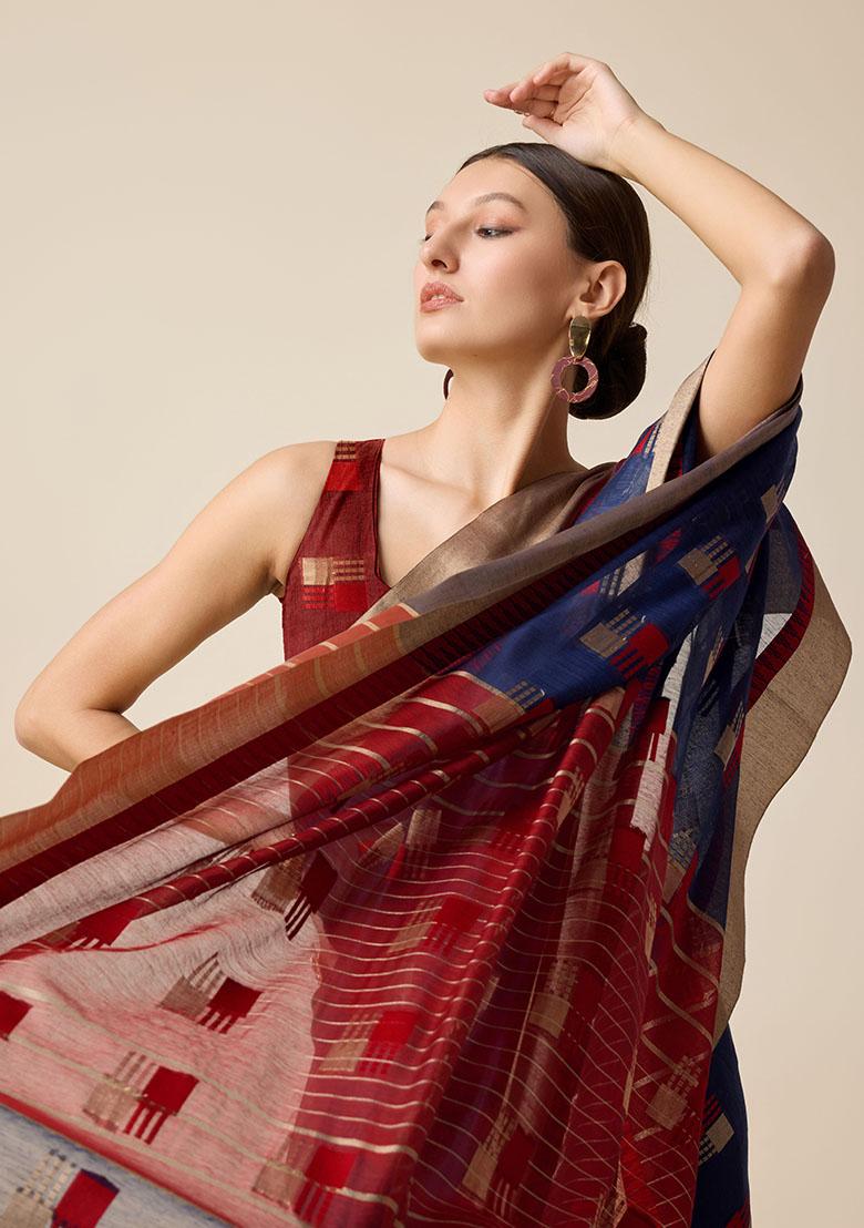 Blue Woven Cotton Silk Saree Set