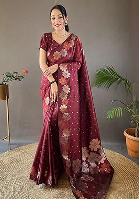 Maroon Zari Woven Soft Silk Saree Set