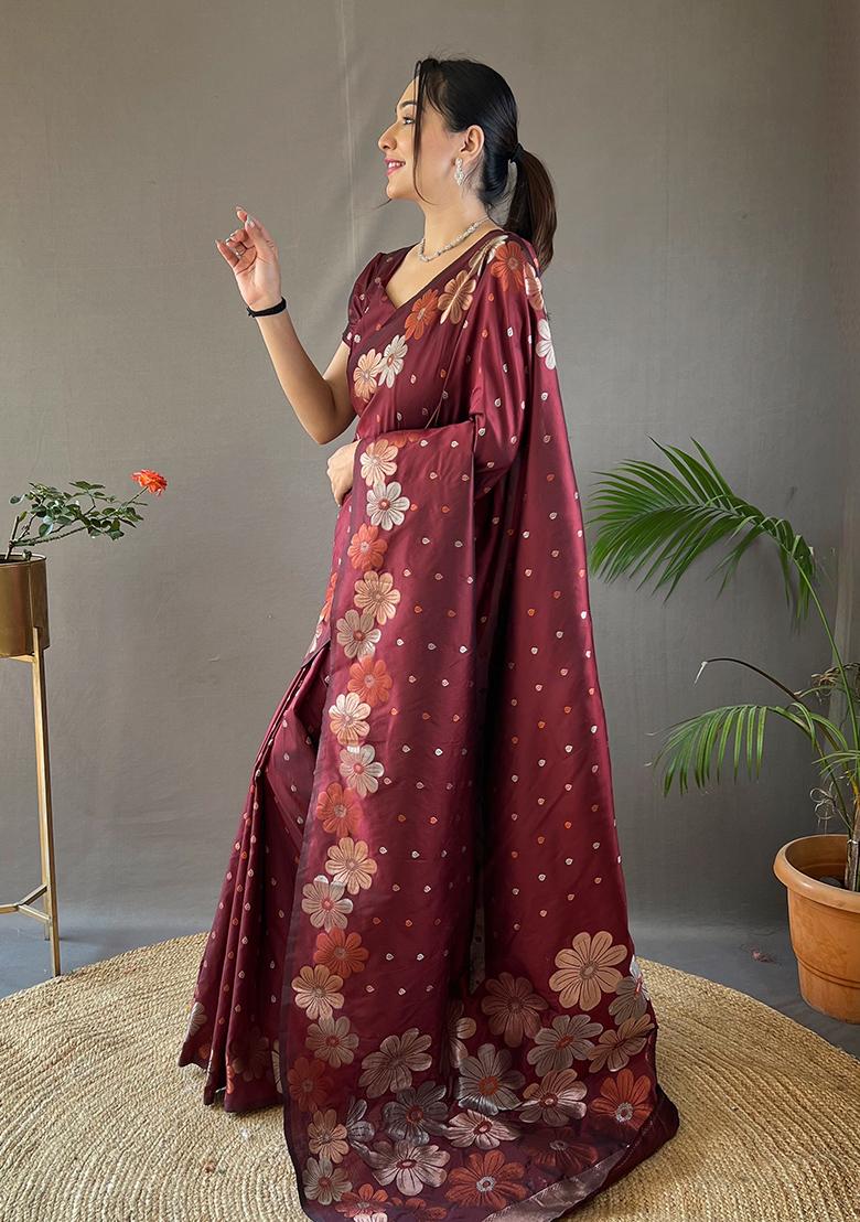 Maroon Zari Woven Soft Silk Saree Set