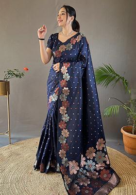 Blue Zari Woven Soft Silk Saree Set