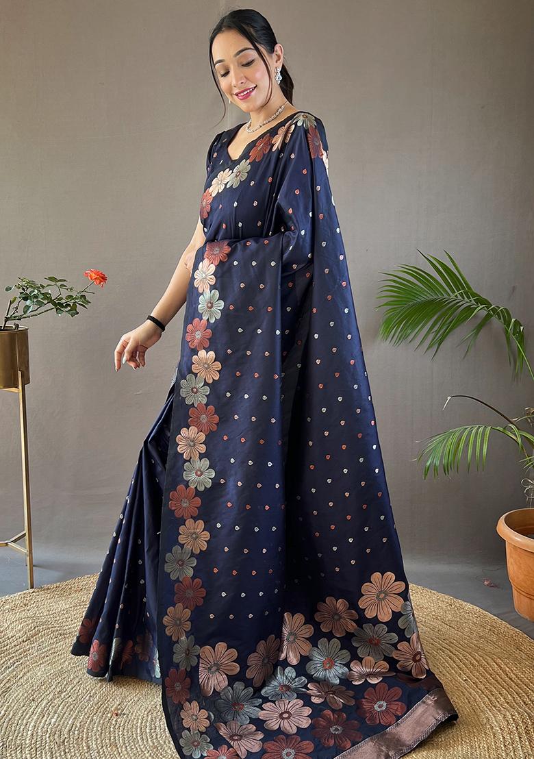 Blue Zari Woven Soft Silk Saree Set