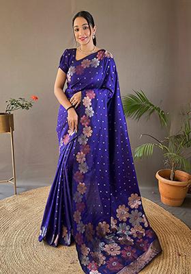 Violet Zari Woven Soft Silk Saree Set