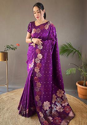 Purple Zari Woven Soft Silk Saree Set