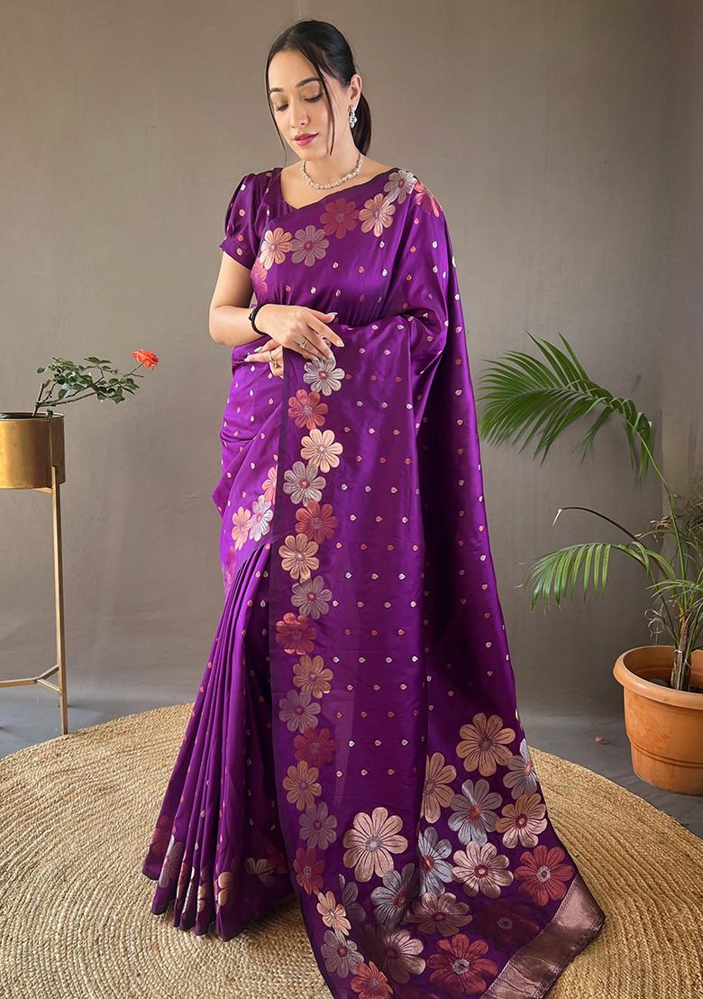 Purple Zari Woven Soft Silk Saree Set