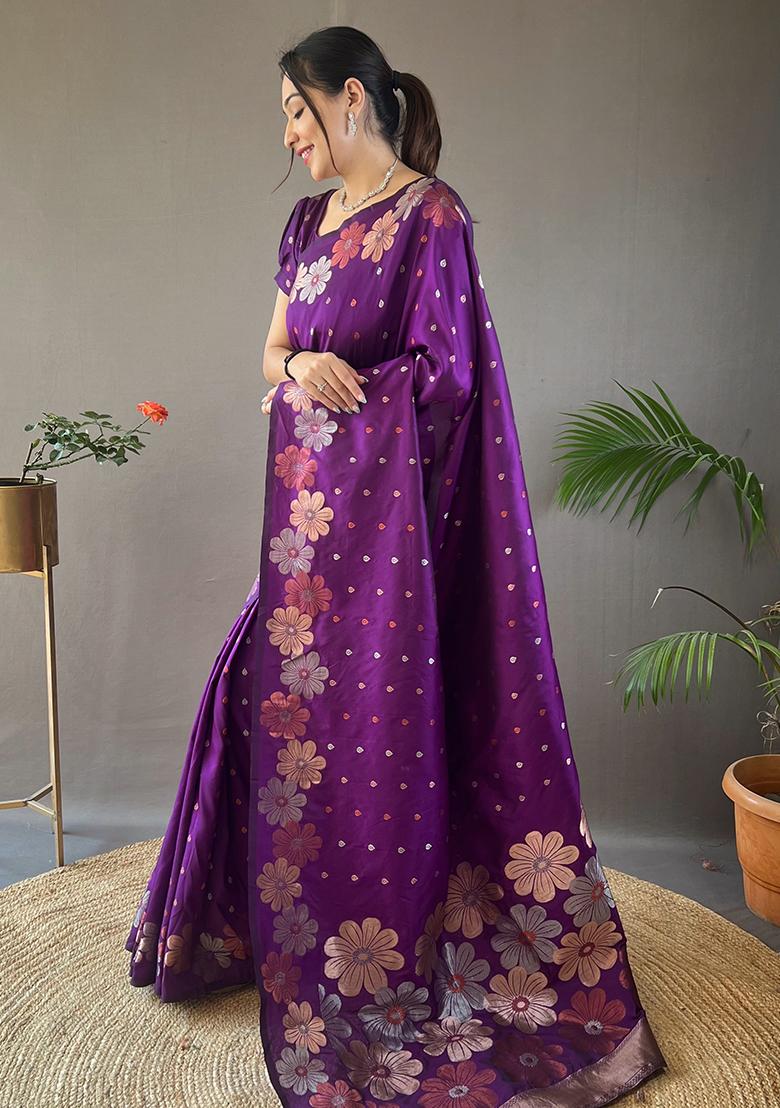 Purple Zari Woven Soft Silk Saree Set