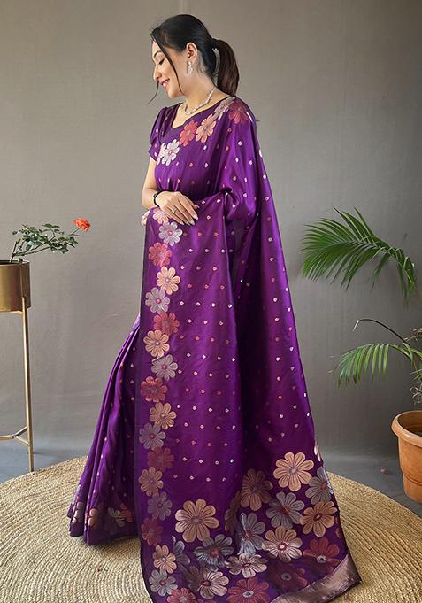 Purple Zari Woven Soft Silk Saree Set
