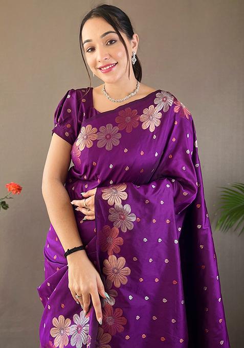 Purple Zari Woven Soft Silk Saree Set