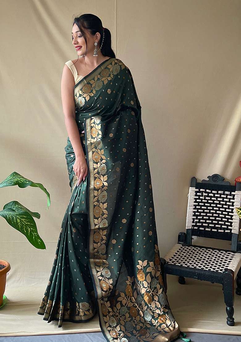 Green Zari Woven Soft Silk Saree Set - Indya