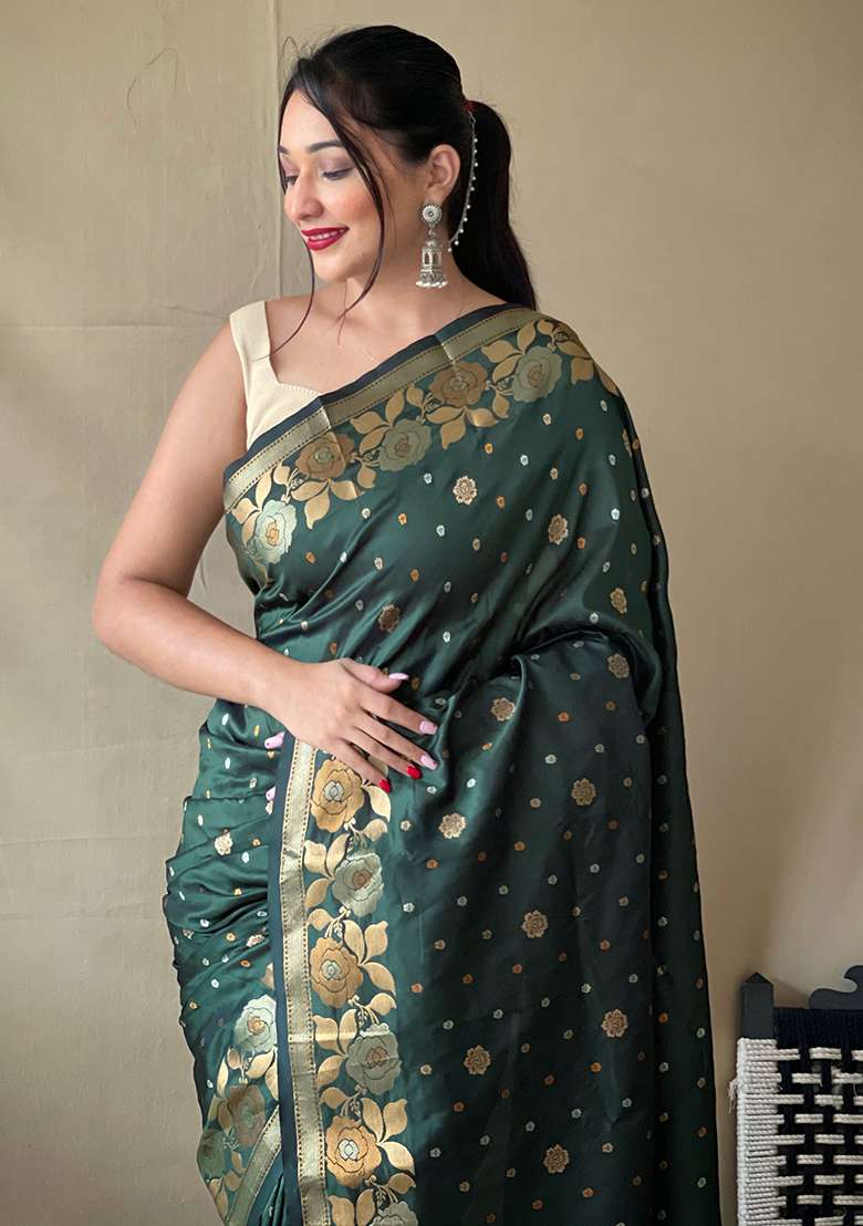 Green Zari Woven Soft Silk Saree Set - Indya