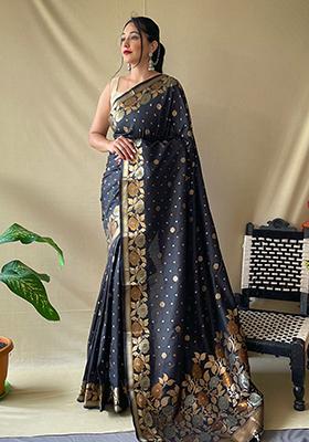 Black Zari Woven Soft Silk Saree Set