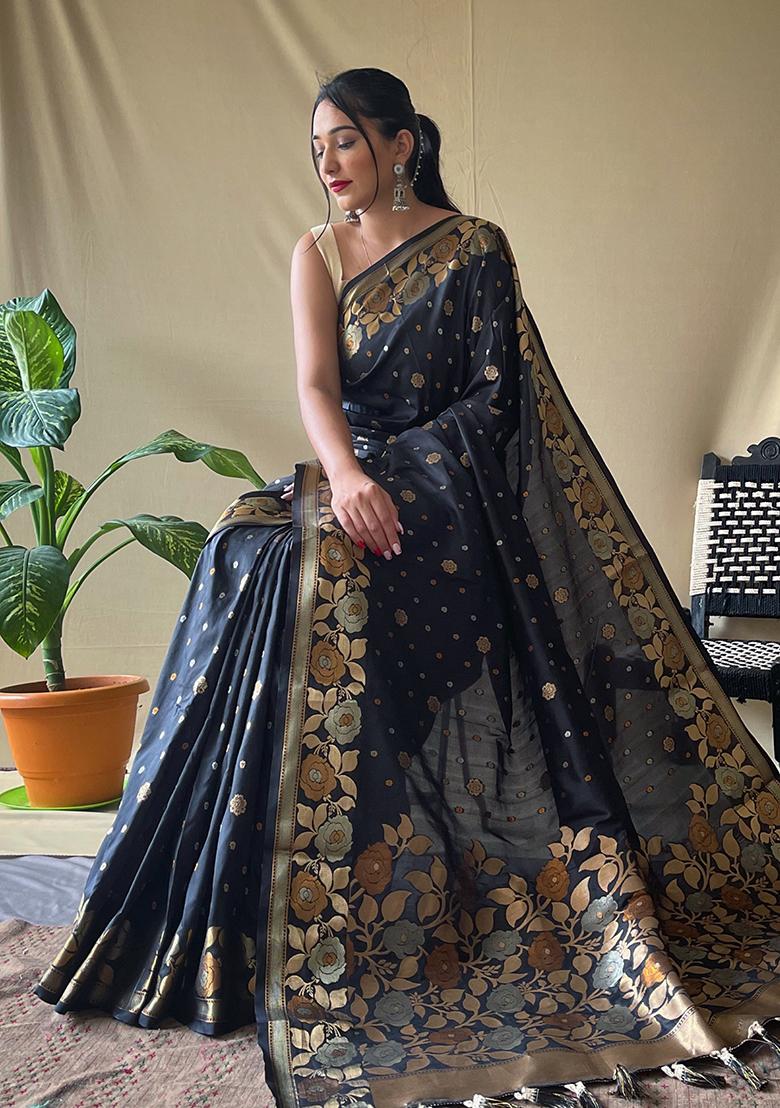 Black Zari Woven Soft Silk Saree Set