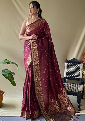 Maroon Zari Woven Soft Silk Saree Set