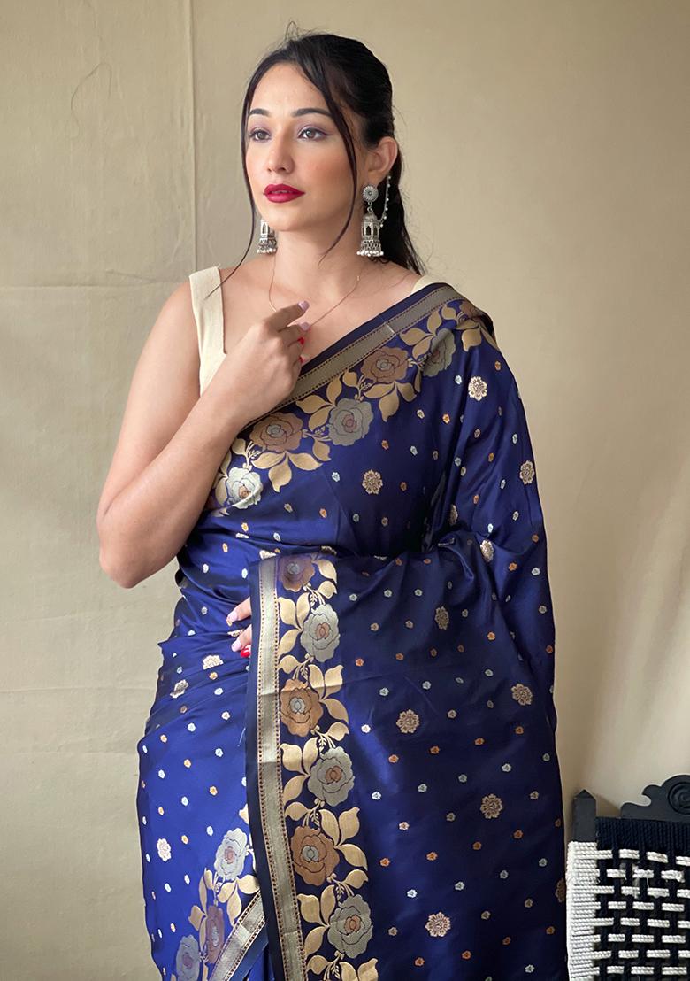 Blue Zari Woven Soft Silk Saree Set