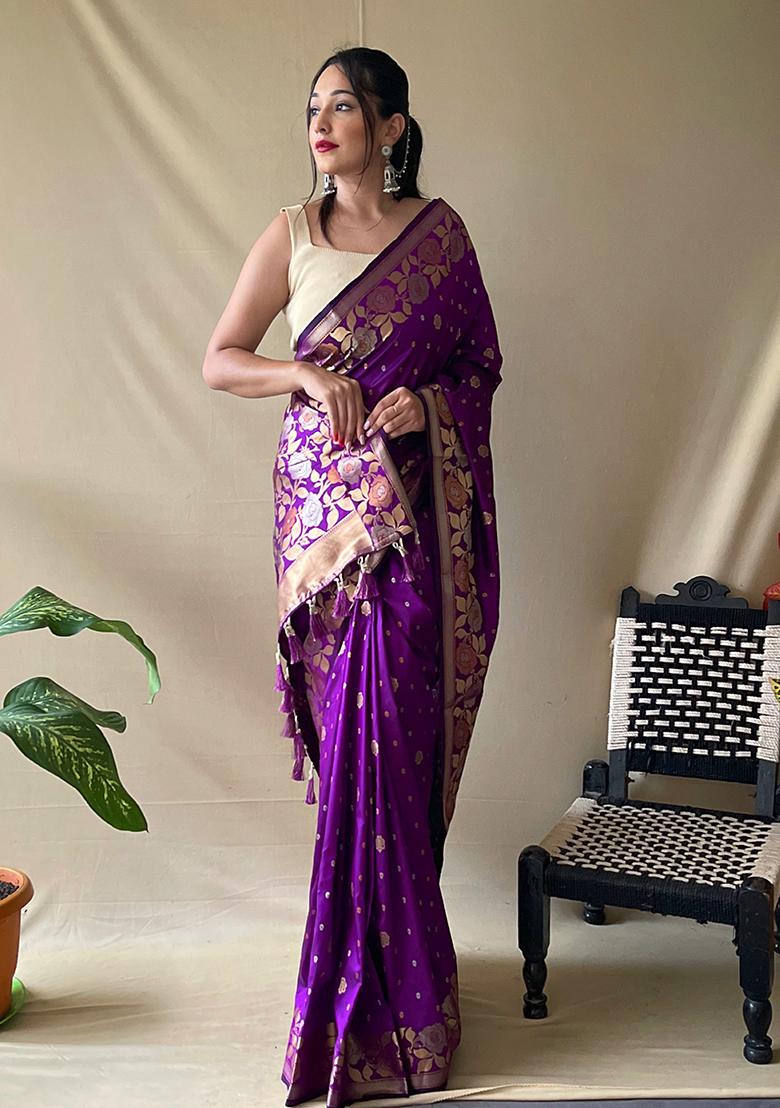 Purple Zari Woven Soft Silk Saree Set