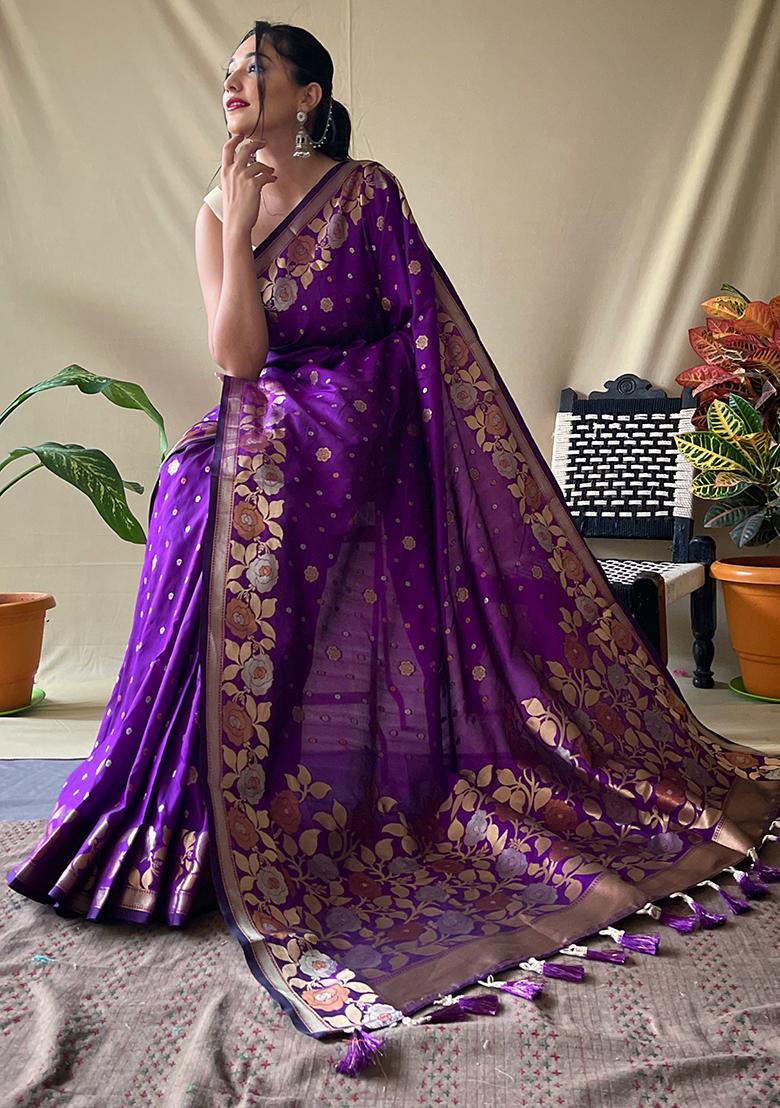 Purple Zari Woven Soft Silk Saree Set