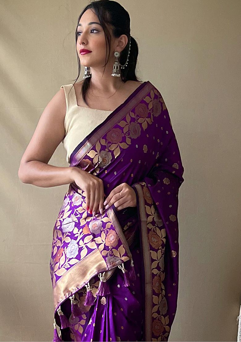 Purple Zari Woven Soft Silk Saree Set