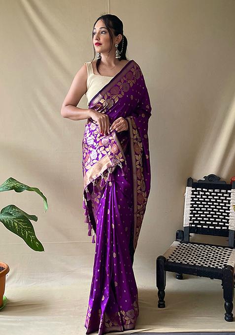 Purple Zari Woven Soft Silk Saree Set