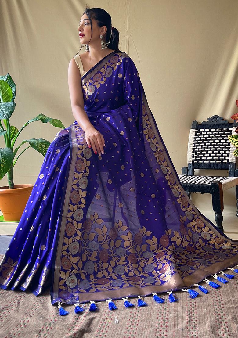 Violet Zari Woven Soft Silk Saree Set