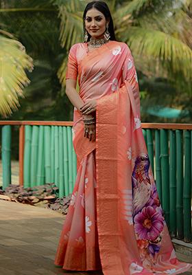 Orange Zari Woven Dola Silk Saree Set