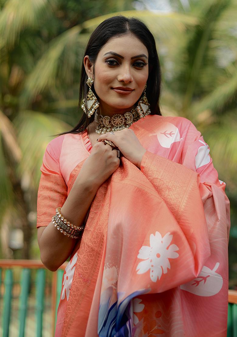 Orange Zari Woven Dola Silk Saree Set