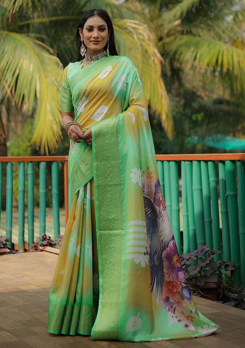 Green Zari Woven Dola Silk Saree Set - Indya