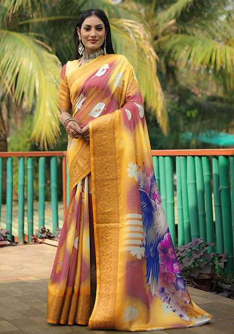 Yellow Zari Woven Dola Silk Saree Set