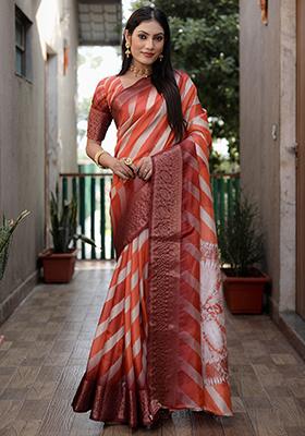 Orange Zari Woven Dola Silk Saree Set