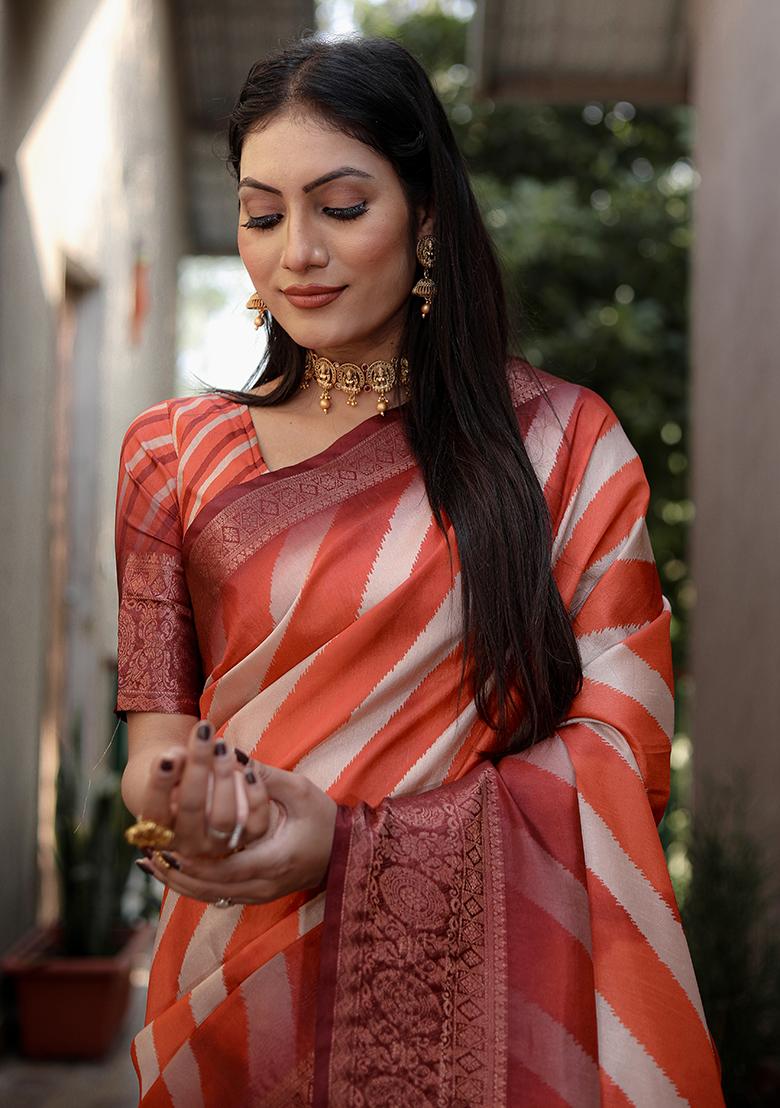 Orange Zari Woven Dola Silk Saree Set