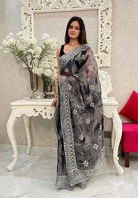 Black Printed Zari Embroidered Jimmy Choo Saree Set