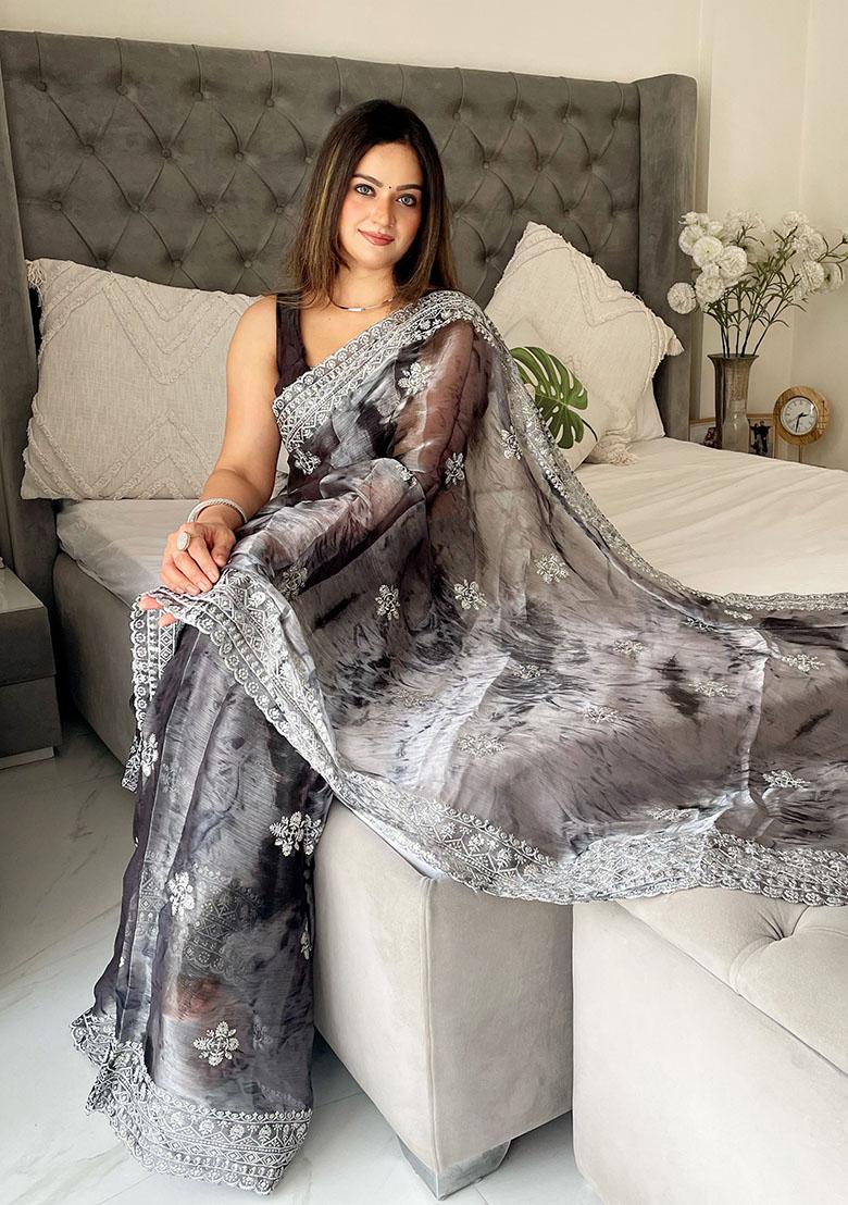 Black Printed Zari Embroidered Jimmy Choo Saree Set