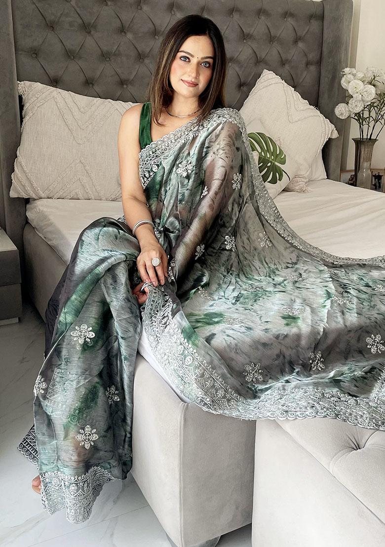 Green Printed Zari Embroidered Jimmy Choo Saree Set