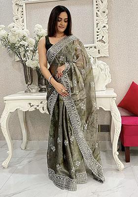 Mehendi Green Printed Zari Embroidered Jimmy Choo Saree Set