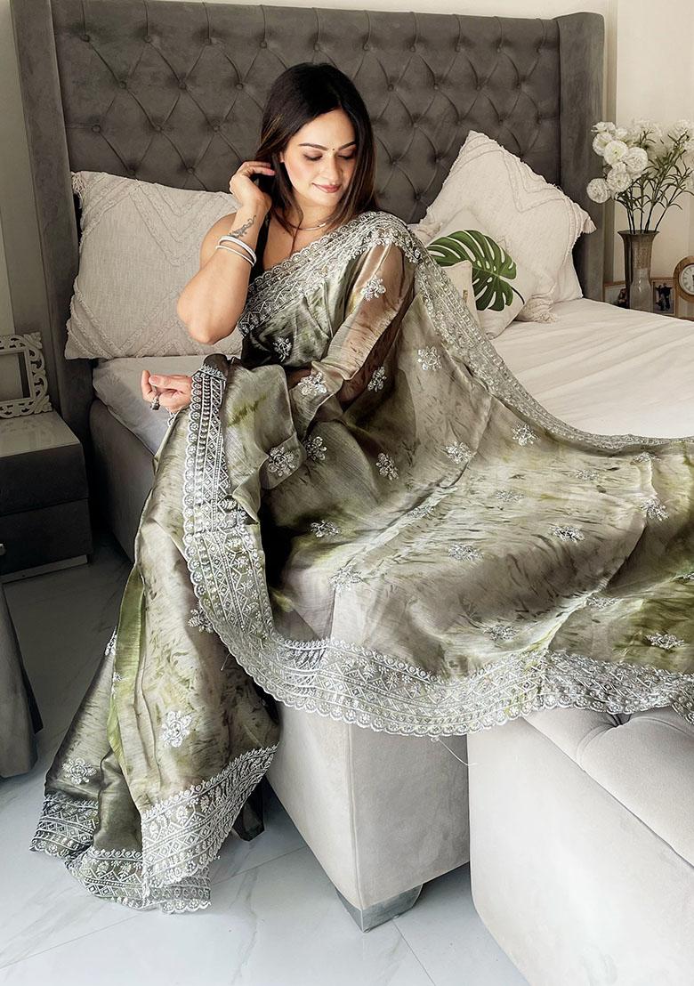 Mehendi Green Printed Zari Embroidered Jimmy Choo Saree Set
