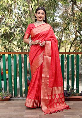 Red Woven Bandhej Print Handloom Silk Saree Set