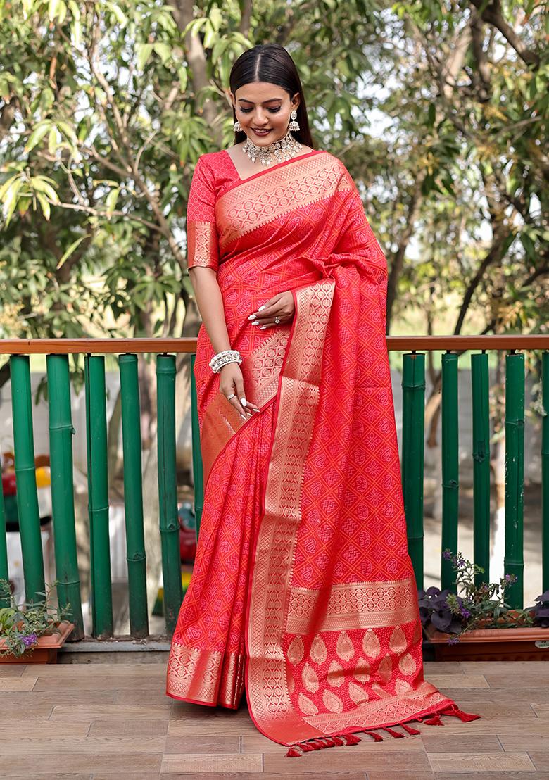 Red Woven Bandhej Print Handloom Silk Saree Set