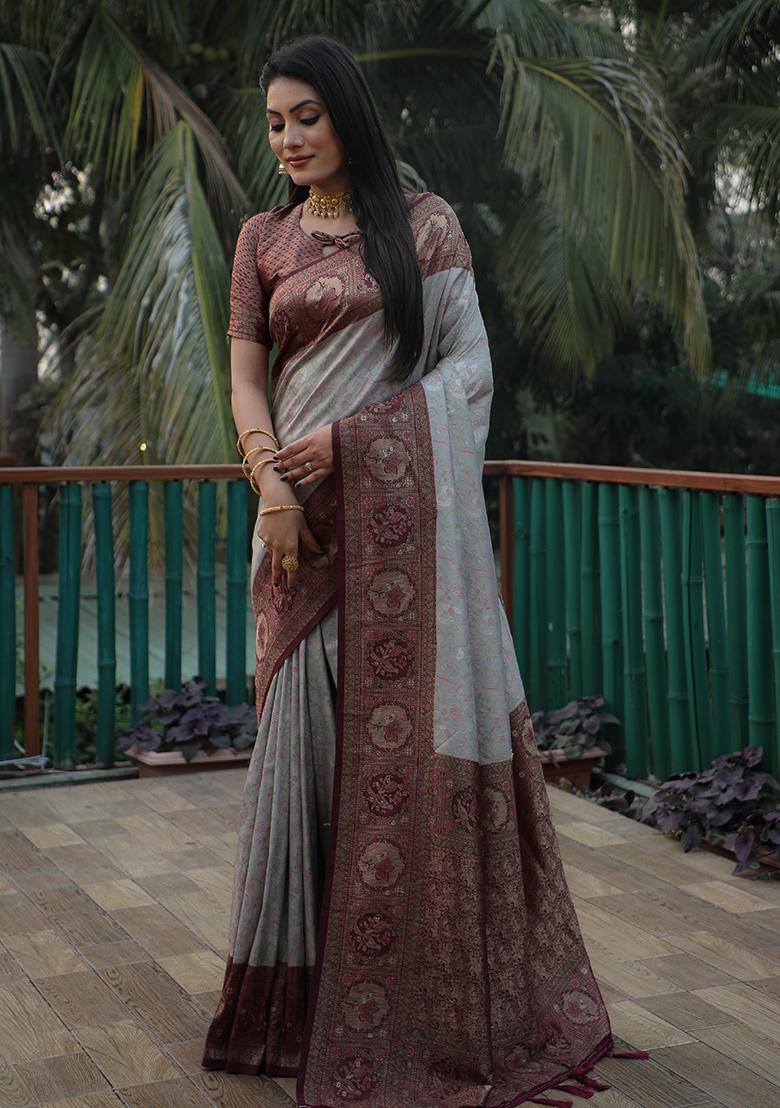 Grey Kanjivaram Woven Kanjivaram Silk Saree Set