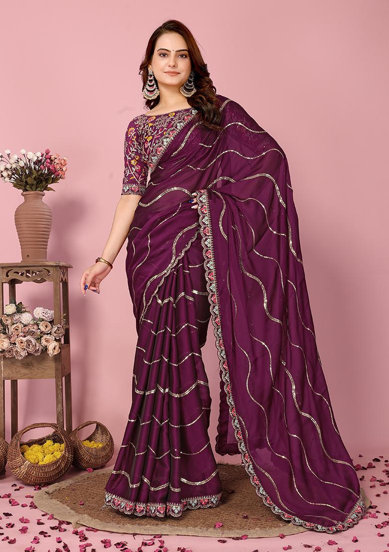Wine Sequin Thread Embroidered Rangoli Silk Saree Set