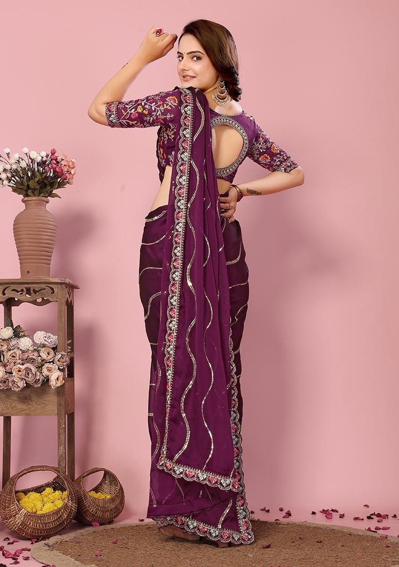Wine Sequin Thread Embroidered Rangoli Silk Saree Set