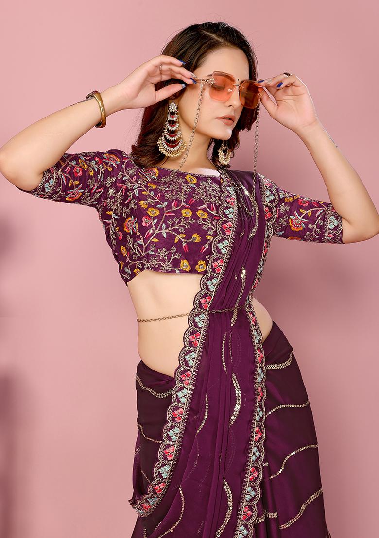 Wine Sequin Thread Embroidered Rangoli Silk Saree Set