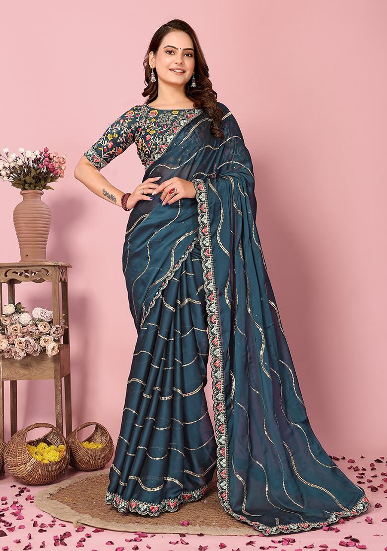 Teal Blue Sequin Thread Embroidered Rangoli Silk Saree Set