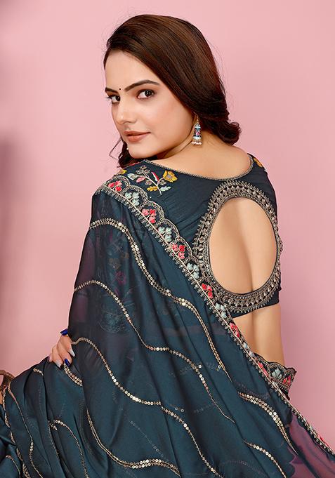 Teal Blue Sequin Thread Embroidered Rangoli Silk Saree Set