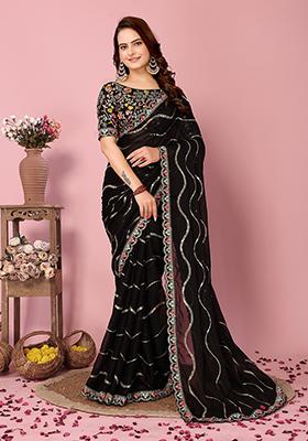 Black Sequin Thread Embroidered Rangoli Silk Saree Set