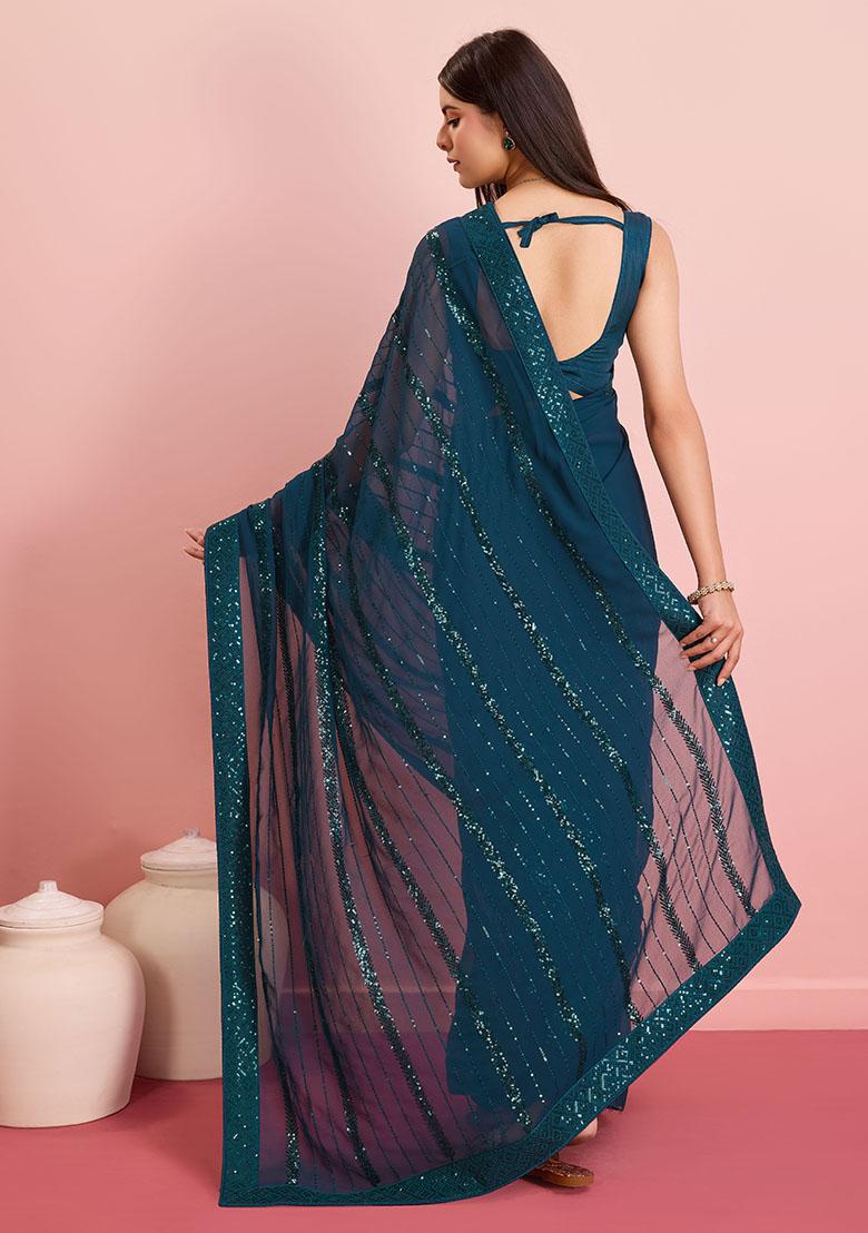 Teal Sequin Embroidered Georgette Saree Set