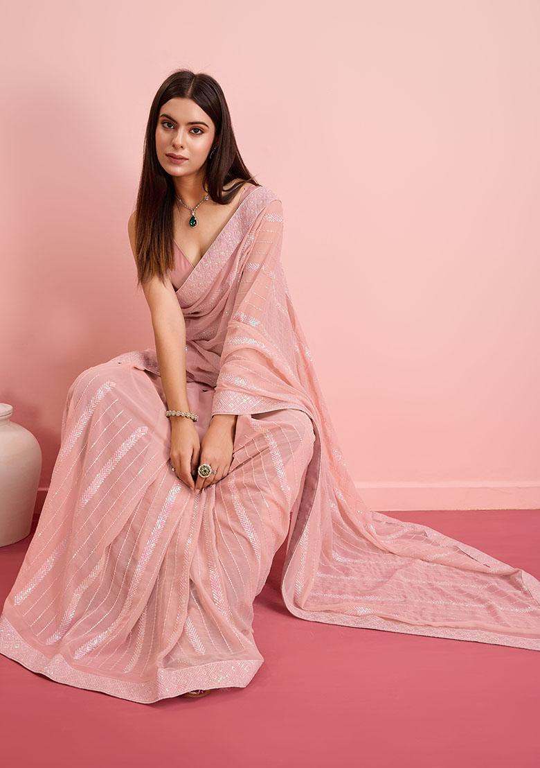 Pink Sequin Embroidered Georgette Saree Set