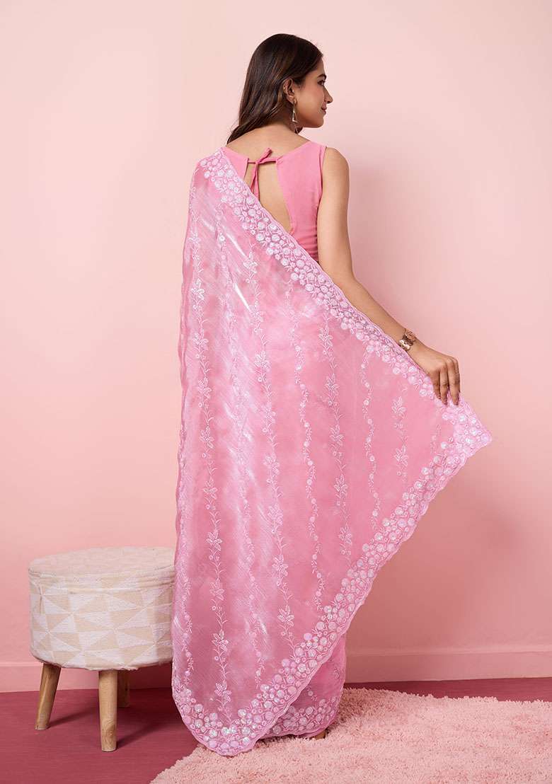 Pink Sequin Embroidered Burberry Silk Saree Set - Indya