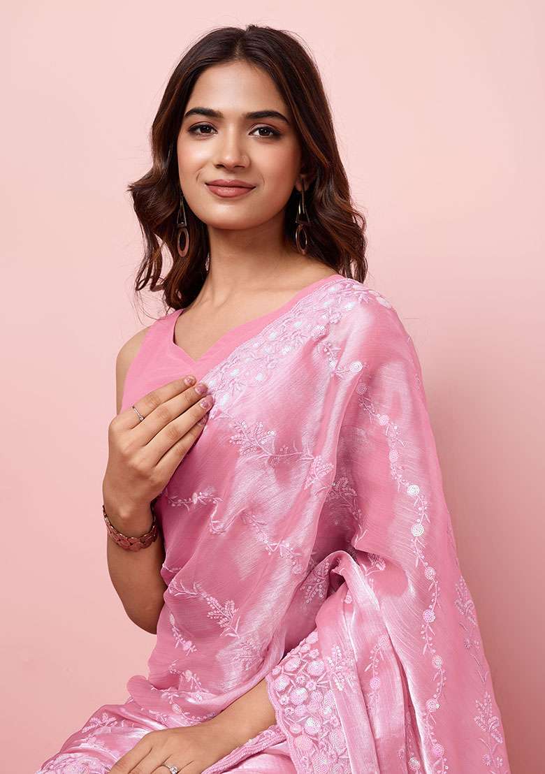Pink Sequin Embroidered Burberry Silk Saree Set - Indya