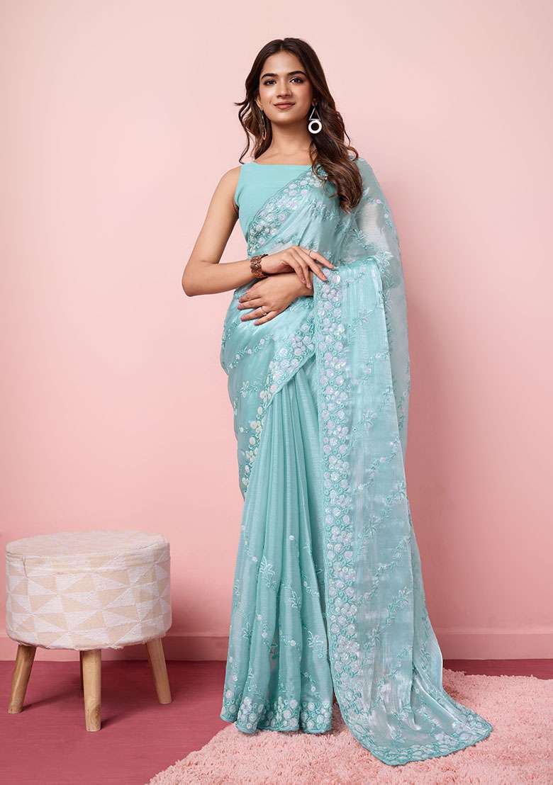 Blue Sequin Embroidered Burberry Silk Saree Set - Indya