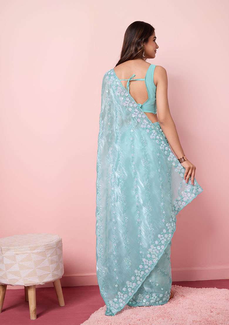 Blue Sequin Embroidered Burberry Silk Saree Set - Indya