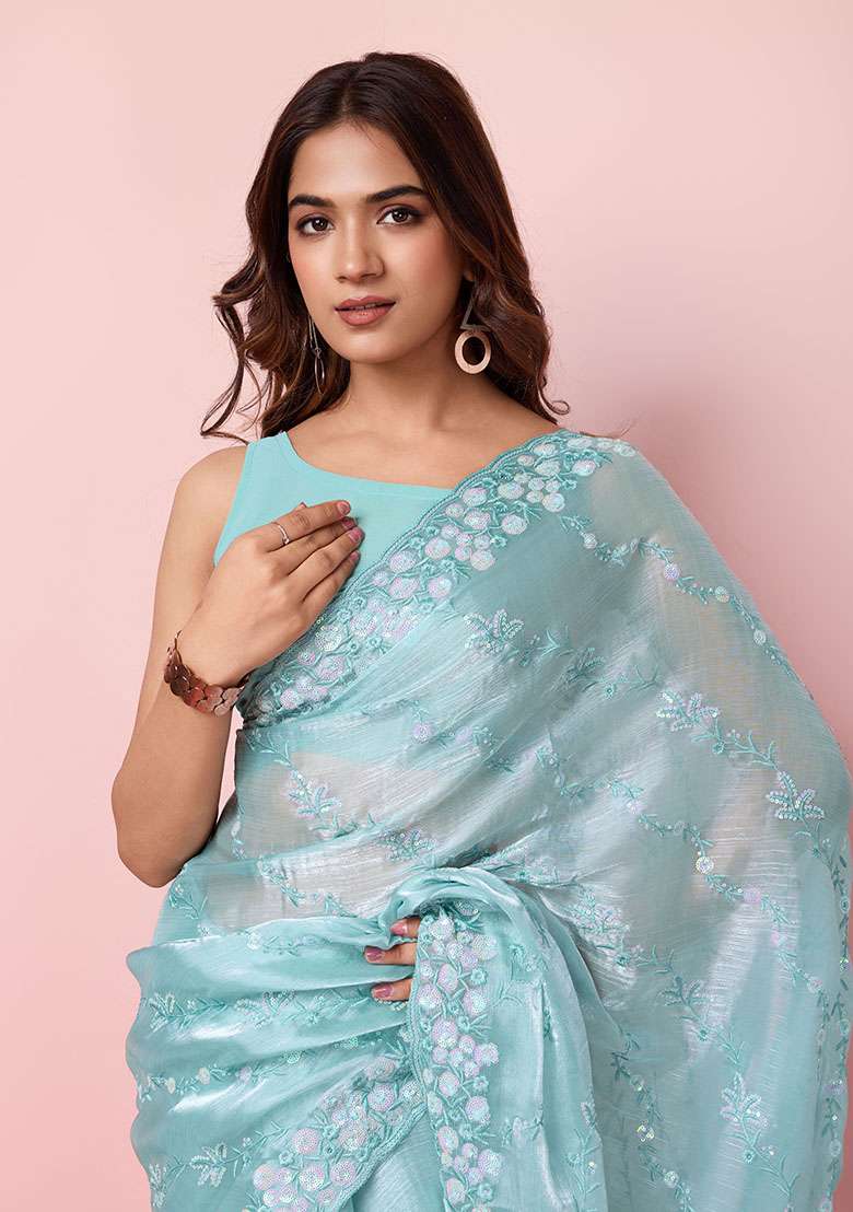 Blue Sequin Embroidered Burberry Silk Saree Set - Indya