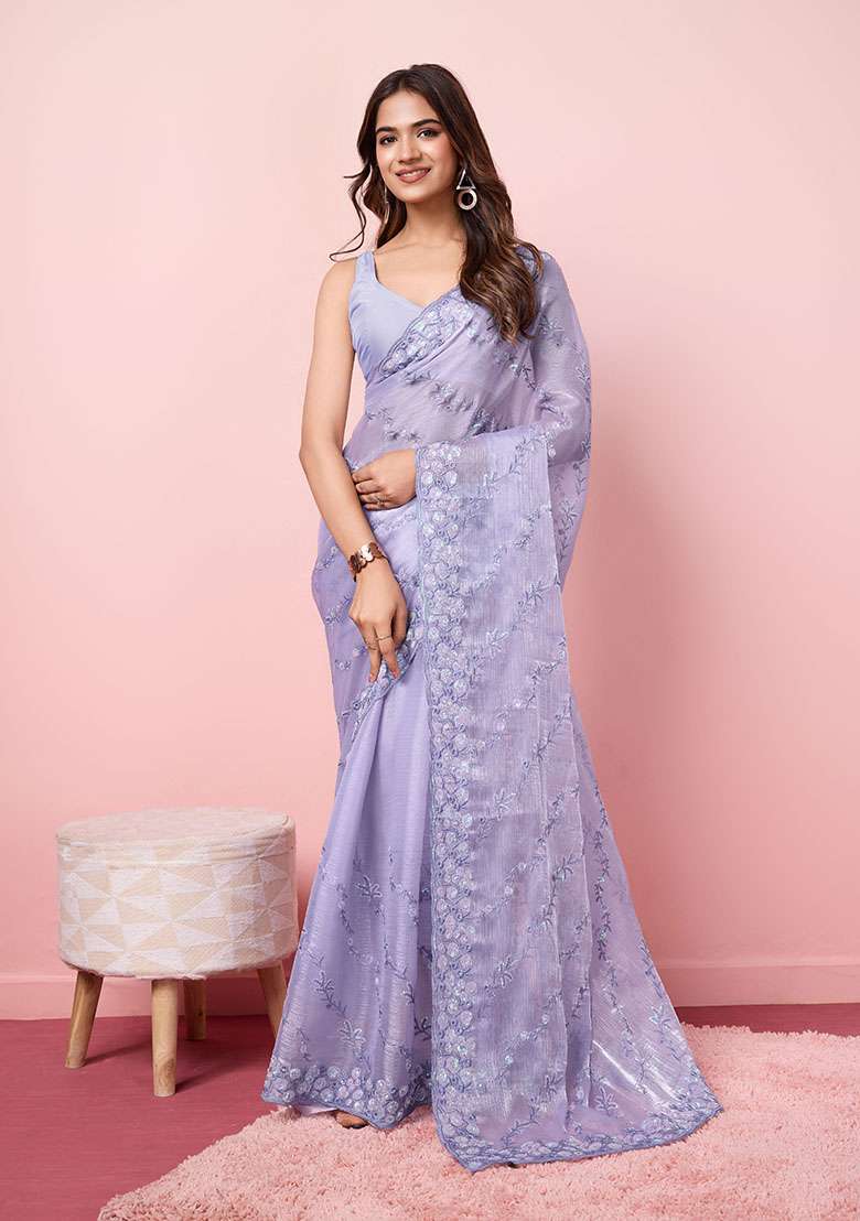 Purple Sequin Embroidered Burberry Silk Saree Set - Indya